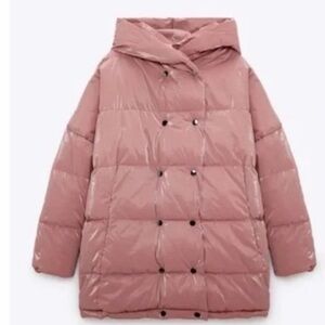 Zara Hooded Puffer Coat in pink with a double-breasted closure and high collar